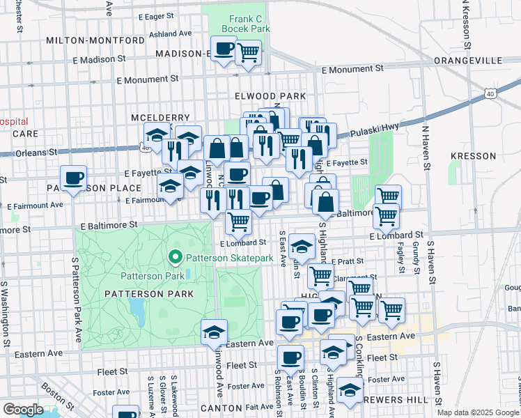 map of restaurants, bars, coffee shops, grocery stores, and more near 5 South Ellwood Avenue in Baltimore