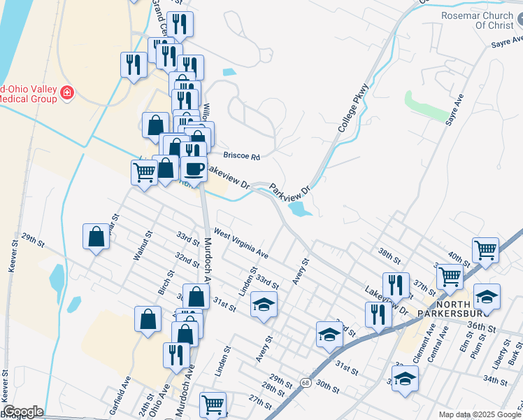 map of restaurants, bars, coffee shops, grocery stores, and more near 824 Lakeview Drive in Parkersburg