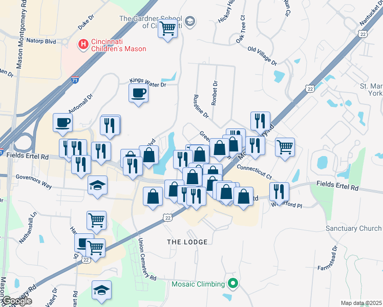 map of restaurants, bars, coffee shops, grocery stores, and more near Arbor Montgomery Lane in Cincinnati