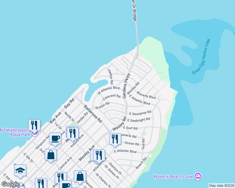 map of restaurants, bars, coffee shops, grocery stores, and more near 600 Gardens Parkway in Ocean City