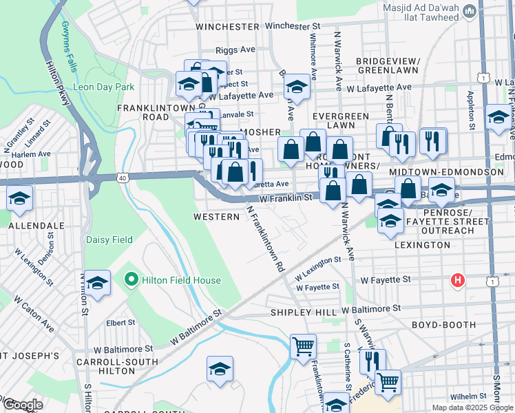 map of restaurants, bars, coffee shops, grocery stores, and more near 2701 West Franklin Street in Baltimore