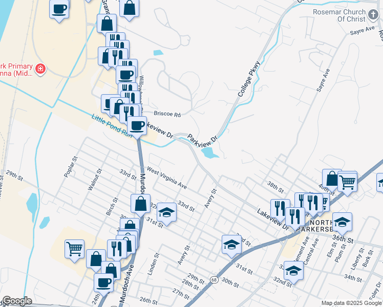map of restaurants, bars, coffee shops, grocery stores, and more near 828 Lakeview Drive in Parkersburg