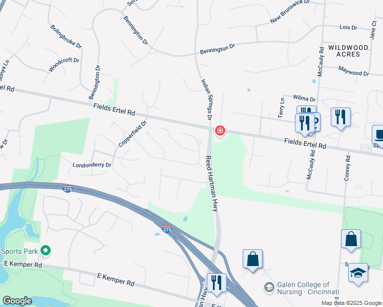 map of restaurants, bars, coffee shops, grocery stores, and more near 5910 Sovereign Drive in Cincinnati