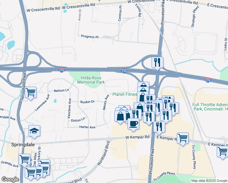 map of restaurants, bars, coffee shops, grocery stores, and more near 11808 Neuss Avenue in Cincinnati