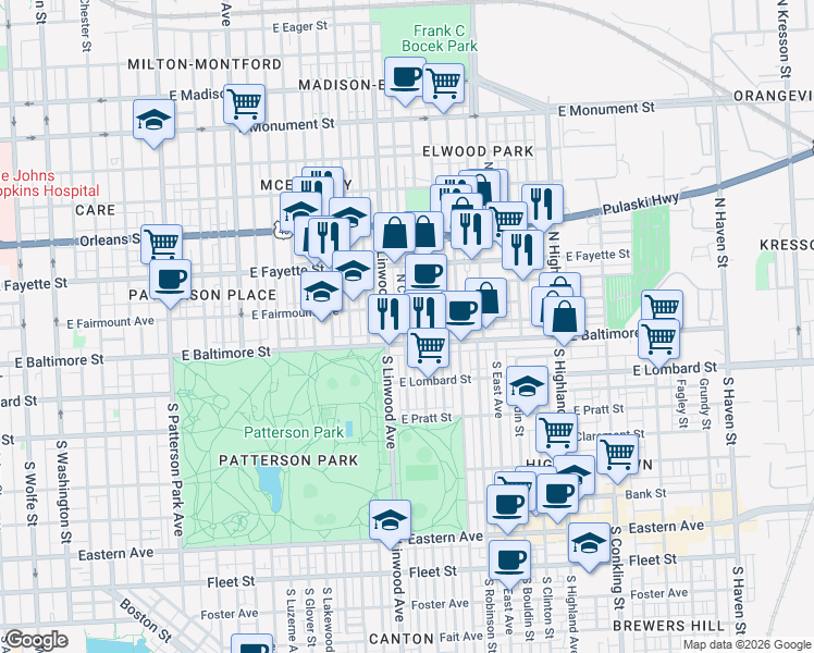 map of restaurants, bars, coffee shops, grocery stores, and more near 13 North Curley Street in Baltimore