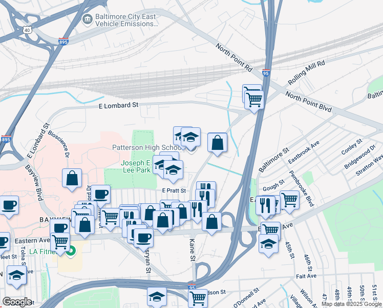 map of restaurants, bars, coffee shops, grocery stores, and more near 100 Kane Street in Baltimore