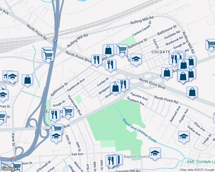 map of restaurants, bars, coffee shops, grocery stores, and more near 7268 Bridgewood Drive in Baltimore