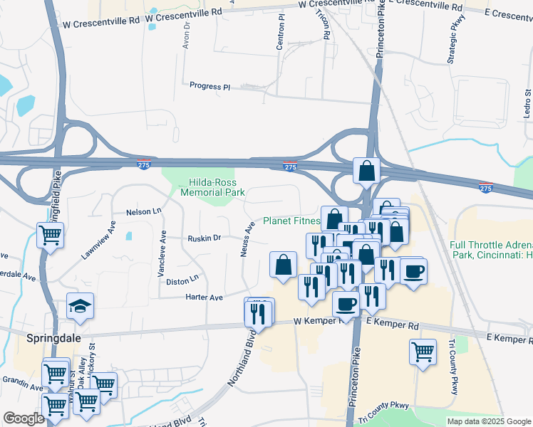 map of restaurants, bars, coffee shops, grocery stores, and more near 11808 Neuss Avenue in Cincinnati