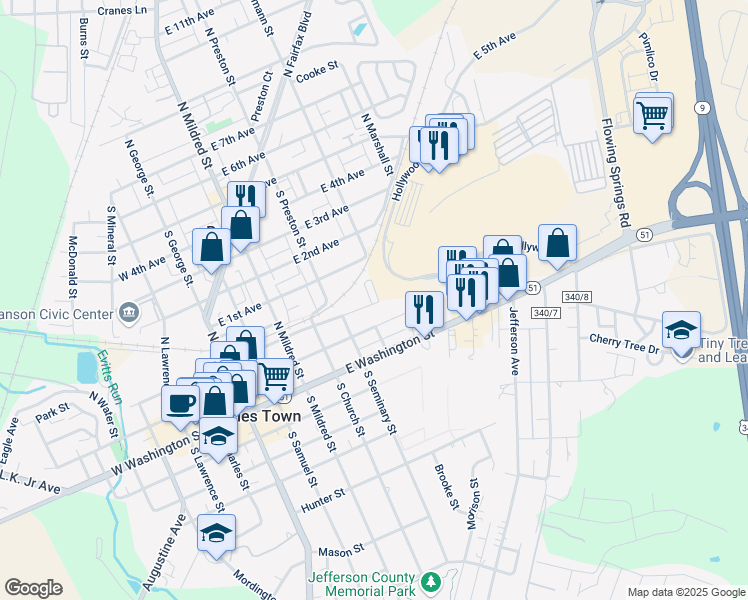 map of restaurants, bars, coffee shops, grocery stores, and more near 301 Hessey Street in Charles Town