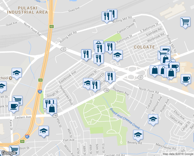 map of restaurants, bars, coffee shops, grocery stores, and more near 7318 Bridgewood Drive in Baltimore