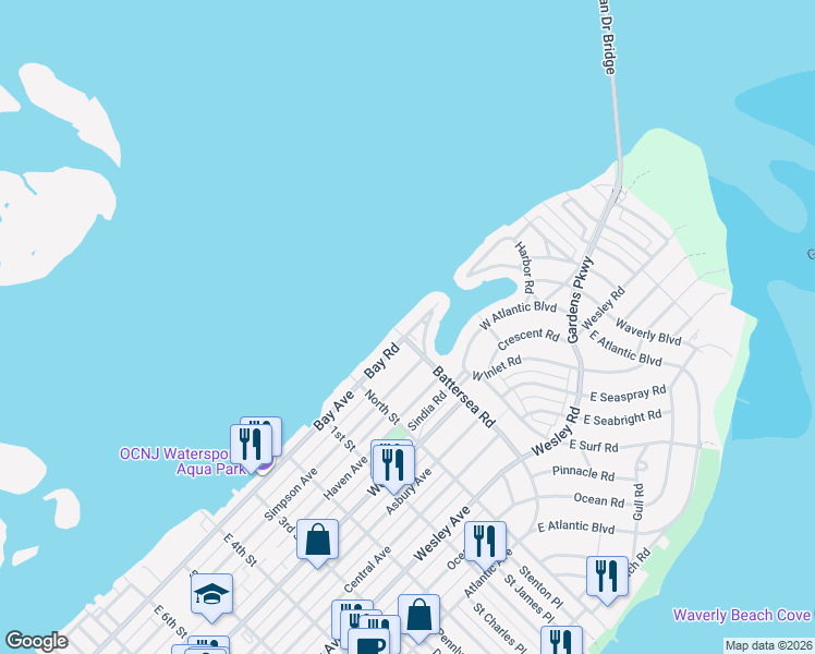 map of restaurants, bars, coffee shops, grocery stores, and more near 100 Bay Avenue in Somers Point