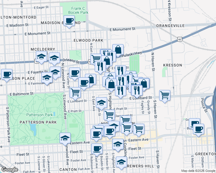 map of restaurants, bars, coffee shops, grocery stores, and more near 2 North Highland Avenue in Baltimore