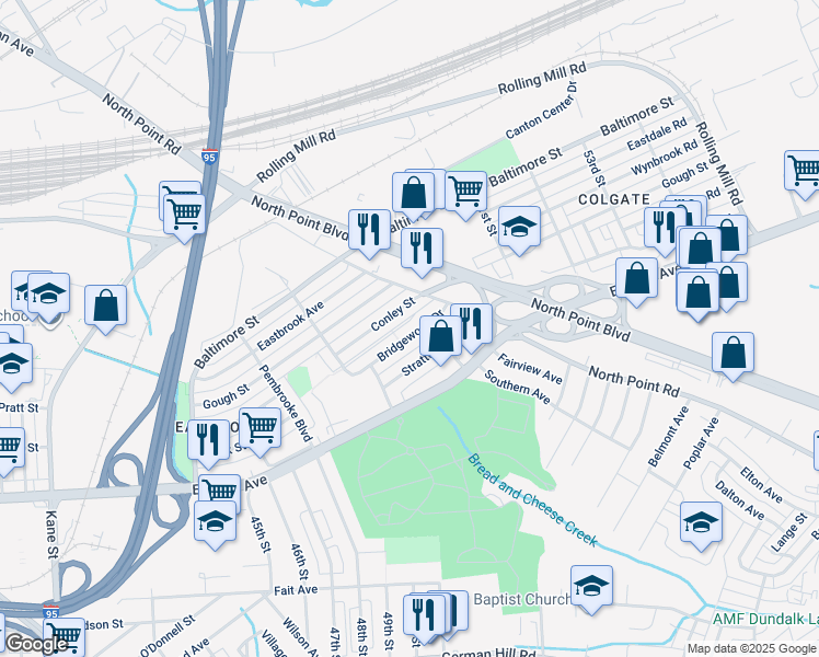 map of restaurants, bars, coffee shops, grocery stores, and more near 7268 Bridgewood Drive in Baltimore