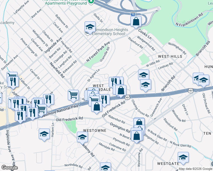 map of restaurants, bars, coffee shops, grocery stores, and more near 5413 Channing Road in Baltimore
