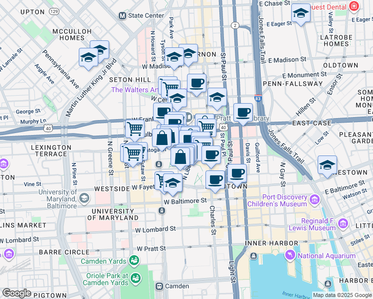 map of restaurants, bars, coffee shops, grocery stores, and more near 117 West Saratoga Street in Baltimore