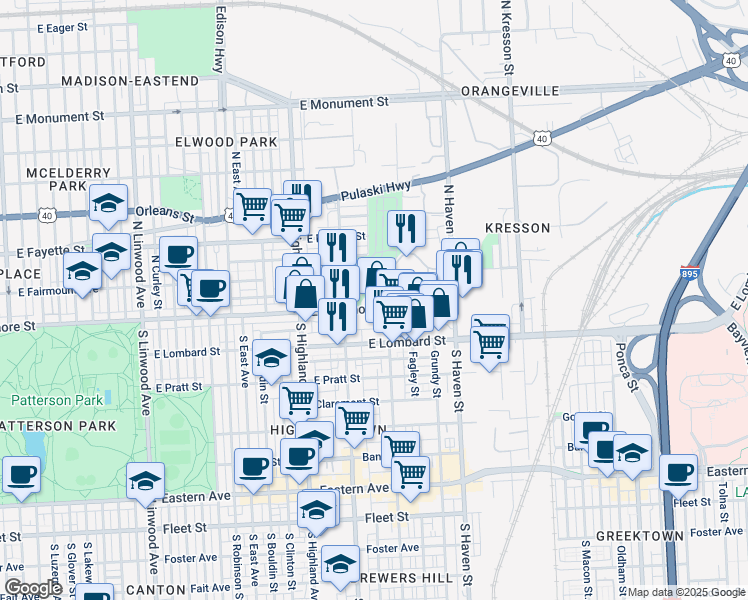 map of restaurants, bars, coffee shops, grocery stores, and more near 3710 East Baltimore Street in Baltimore
