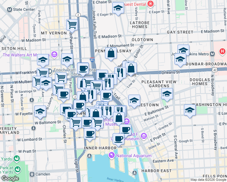 map of restaurants, bars, coffee shops, grocery stores, and more near 221 North Gay Street in Baltimore