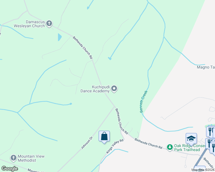 map of restaurants, bars, coffee shops, grocery stores, and more near 10855 Bethesda Church Road in Damascus