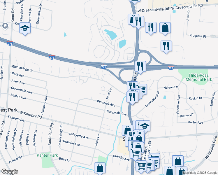 map of restaurants, bars, coffee shops, grocery stores, and more near 11769 Rose Lane in Cincinnati