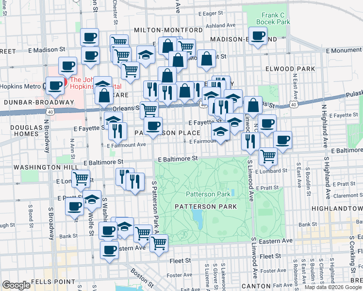 map of restaurants, bars, coffee shops, grocery stores, and more near 32 North Milton Avenue in Baltimore