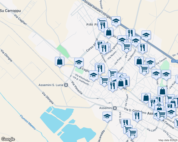 map of restaurants, bars, coffee shops, grocery stores, and more near 119 Via Trieste in Assemini