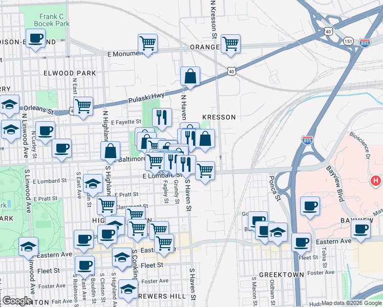 map of restaurants, bars, coffee shops, grocery stores, and more near 1 North Haven Street in Baltimore