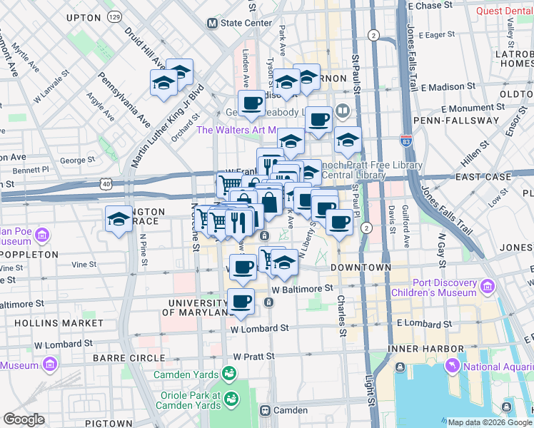 map of restaurants, bars, coffee shops, grocery stores, and more near 303 North Howard Street in Baltimore
