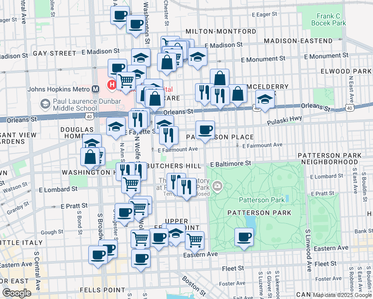 map of restaurants, bars, coffee shops, grocery stores, and more near East Fairmount Avenue & North Collington Avenue in Baltimore