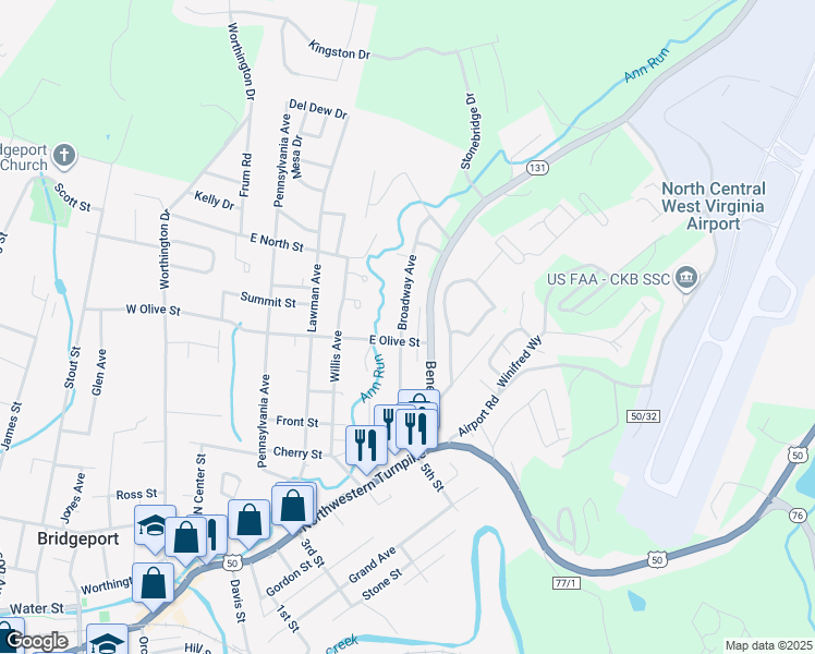 map of restaurants, bars, coffee shops, grocery stores, and more near 403-433 E Olive St in Bridgeport