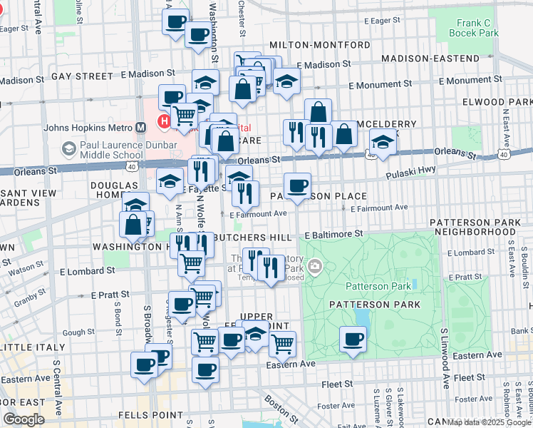 map of restaurants, bars, coffee shops, grocery stores, and more near E Fairmount Ave & N Duncan St in Baltimore