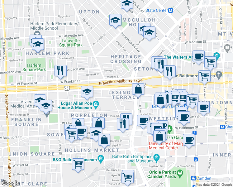 map of restaurants, bars, coffee shops, grocery stores, and more near 723 West Cherry Blossom Way in Baltimore