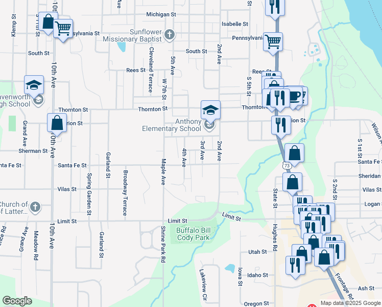map of restaurants, bars, coffee shops, grocery stores, and more near 613 Sherman Street in Leavenworth