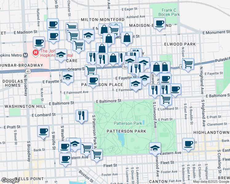 map of restaurants, bars, coffee shops, grocery stores, and more near 33 North Milton Avenue in Baltimore