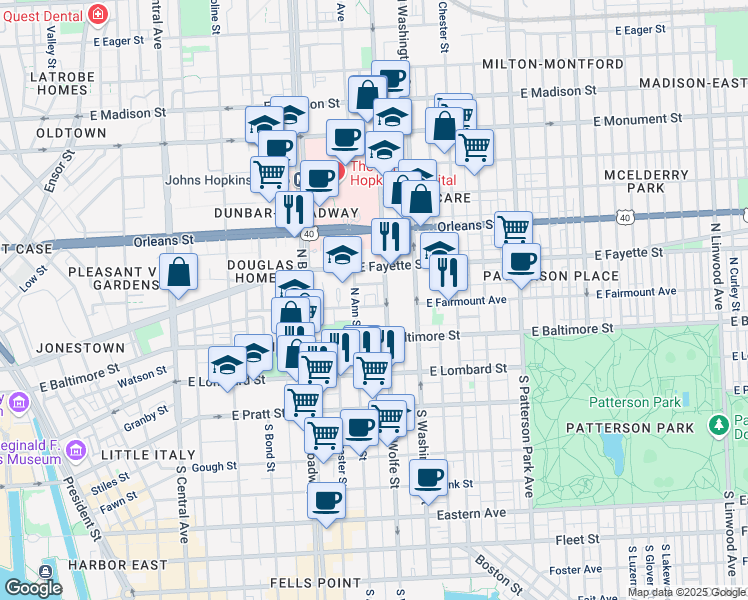 map of restaurants, bars, coffee shops, grocery stores, and more near 1814 East Fairmount Avenue in Baltimore