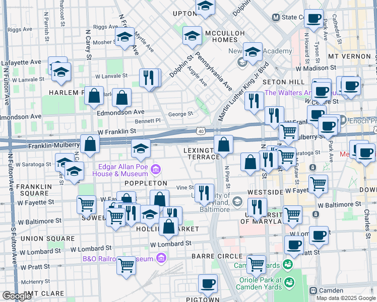 map of restaurants, bars, coffee shops, grocery stores, and more near 723 West Cherry Blossom Way in Baltimore
