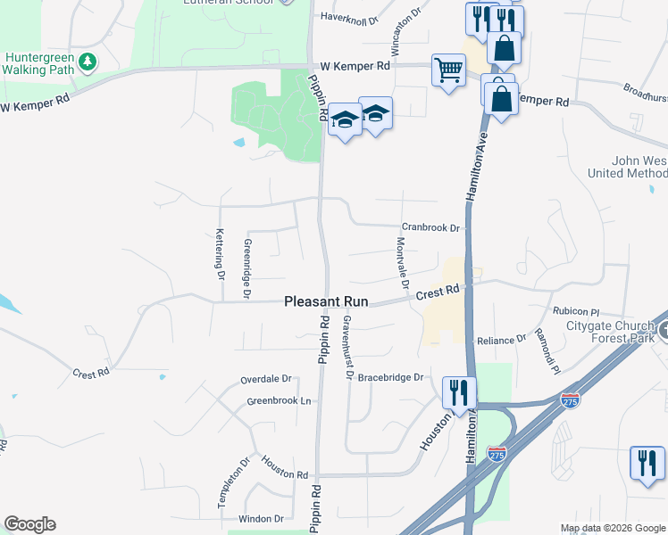 map of restaurants, bars, coffee shops, grocery stores, and more near 2599 Hazelcrest Lane in Cincinnati