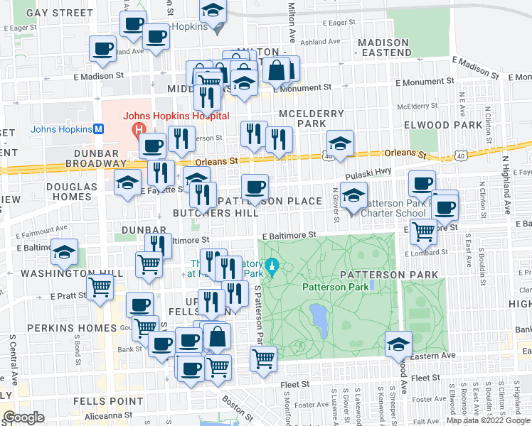 map of restaurants, bars, coffee shops, grocery stores, and more near E Fairmount Ave & N Bradford St in Baltimore