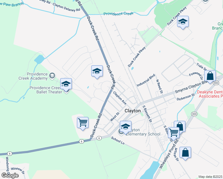 map of restaurants, bars, coffee shops, grocery stores, and more near 355 Duck Creek Road in Clayton