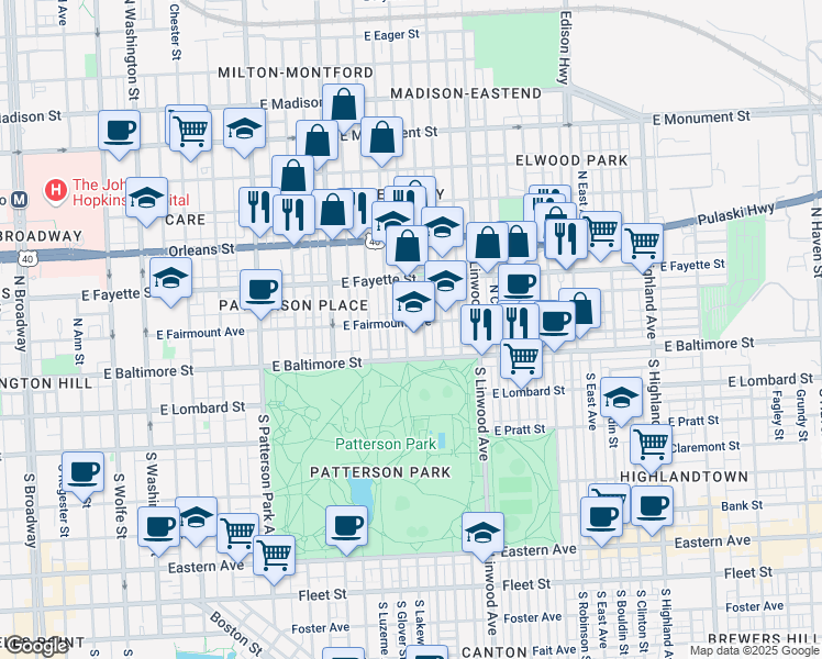map of restaurants, bars, coffee shops, grocery stores, and more near 35 North Lakewood Avenue in Baltimore