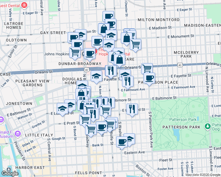 map of restaurants, bars, coffee shops, grocery stores, and more near 101 North Wolfe Street in Baltimore