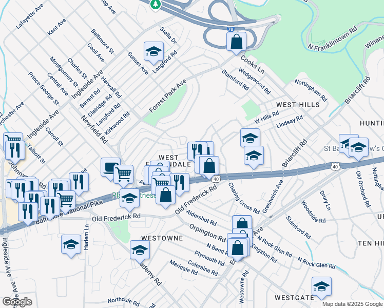 map of restaurants, bars, coffee shops, grocery stores, and more near 5408 Channing Road in Baltimore