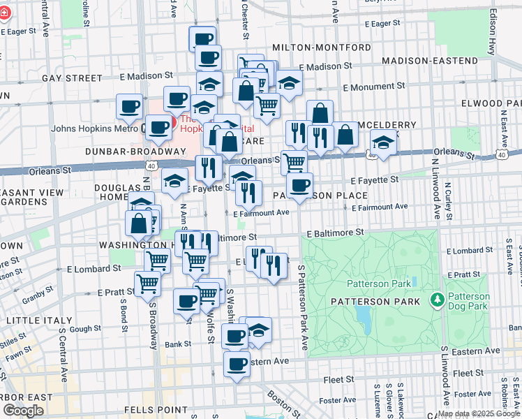 map of restaurants, bars, coffee shops, grocery stores, and more near 2108 East Fairmount Avenue in Baltimore