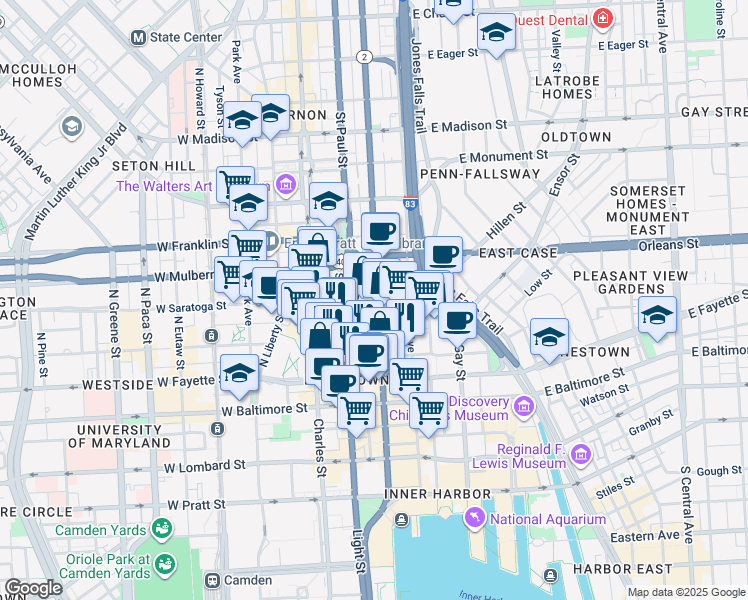 map of restaurants, bars, coffee shops, grocery stores, and more near 345 Saint Paul Place in Baltimore