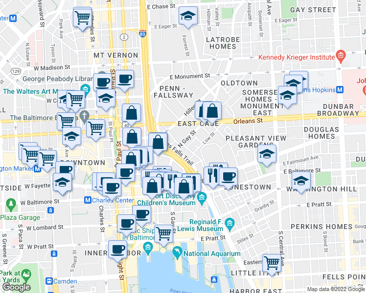 map of restaurants, bars, coffee shops, grocery stores, and more near 239 North Gay Street in Baltimore