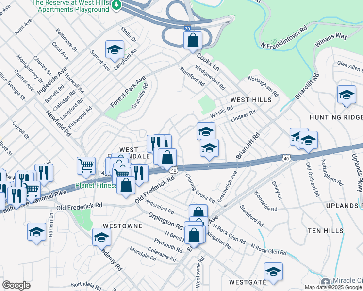 map of restaurants, bars, coffee shops, grocery stores, and more near 725 Westhills Parkway in Baltimore
