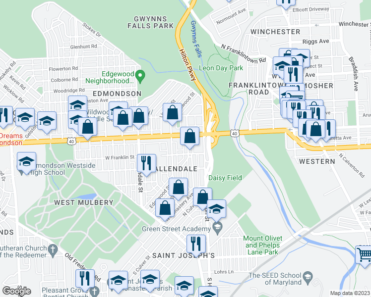 map of restaurants, bars, coffee shops, grocery stores, and more near 510 Denison Street in Baltimore