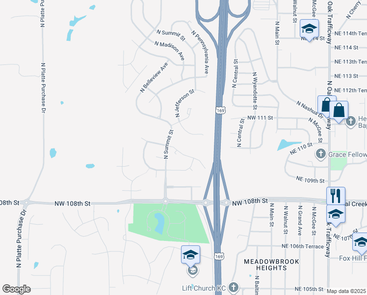 map of restaurants, bars, coffee shops, grocery stores, and more near 712 Northwest 110th Street in Kansas City