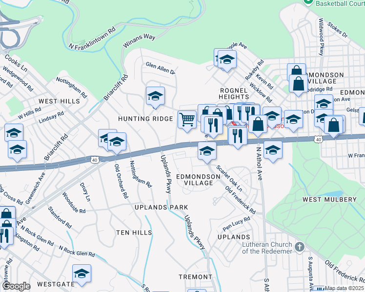 map of restaurants, bars, coffee shops, grocery stores, and more near Edmondson Ave & Old Frederick Rd in Baltimore