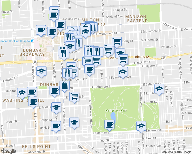 map of restaurants, bars, coffee shops, grocery stores, and more near 2326 East Fairmount Avenue in Baltimore