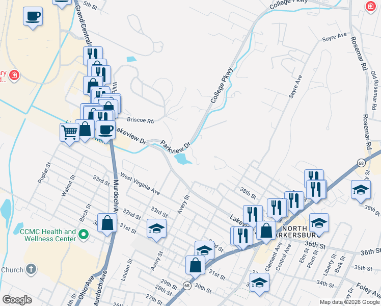 map of restaurants, bars, coffee shops, grocery stores, and more near 13 Parkview Wey in Parkersburg